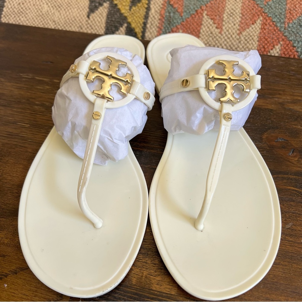 Tory Burch Miller White Jelly Gold Logo Sandals US11